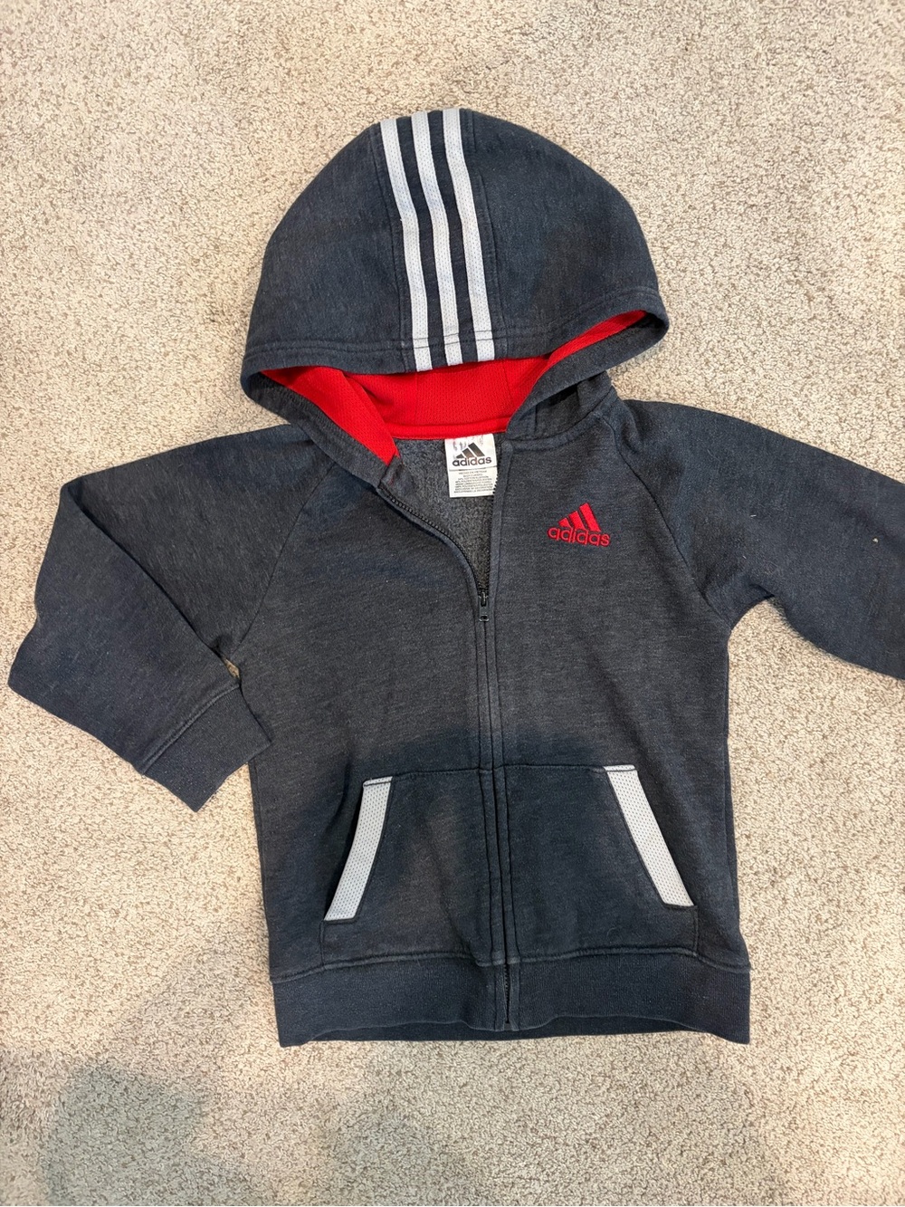 adidas Kids Navy Hoodie with Red Lining and Gray Stripes